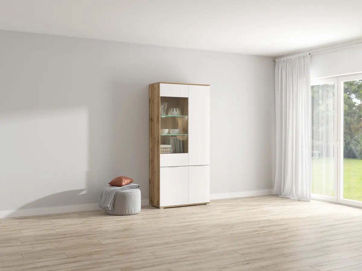 Vitrina Zele 90 cm con 4 puertas roble wotan/blanco brillo