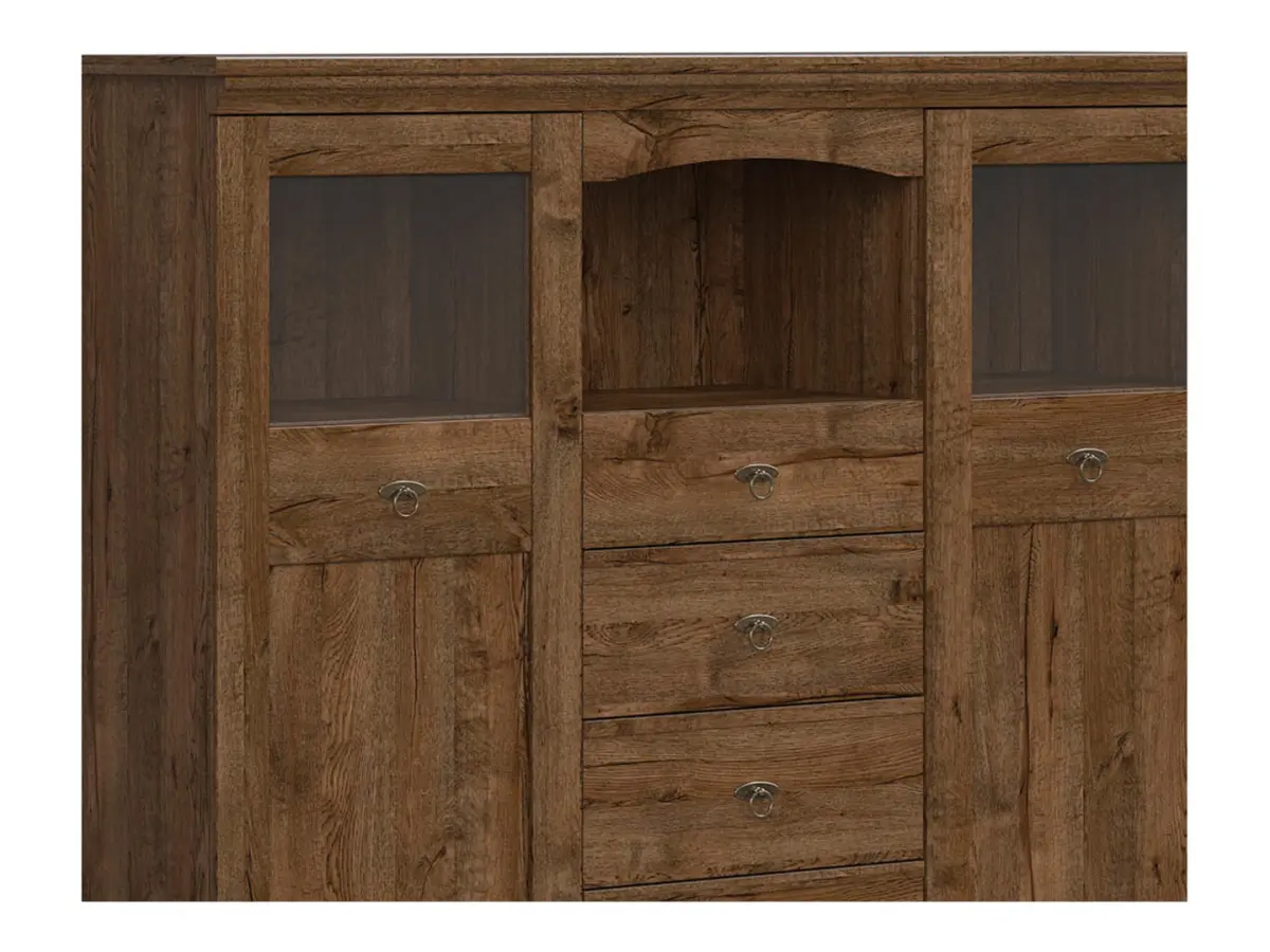 Cómoda Patras 153 cm vitrina con 2 puertas y 4 cajones roble april