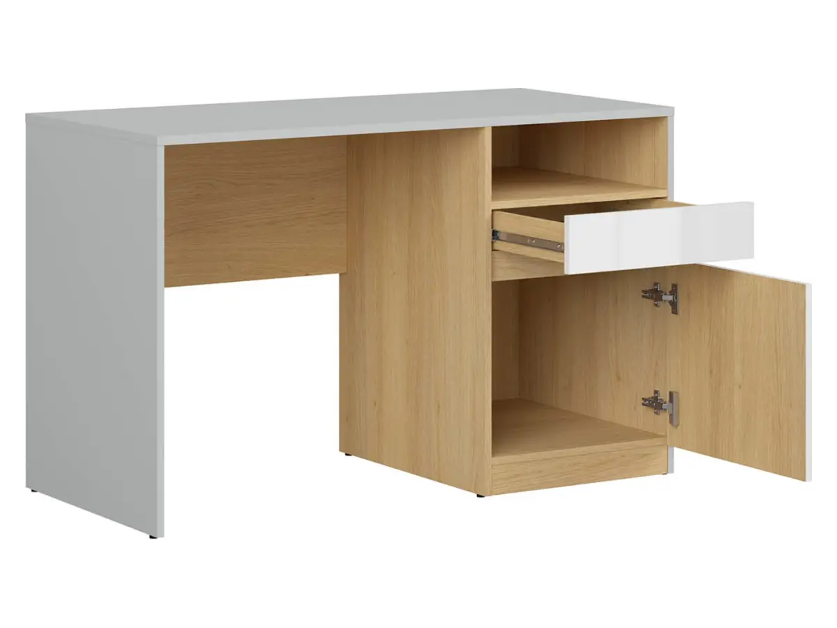 Escritorio Nandu 120 cm con puerta, cajón y estante gris claro/roble polaco