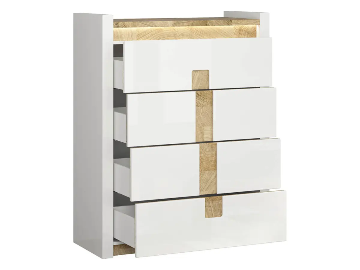 Cómoda Alameda 97 cm con 4 cajones blanco brillo/roble westminster