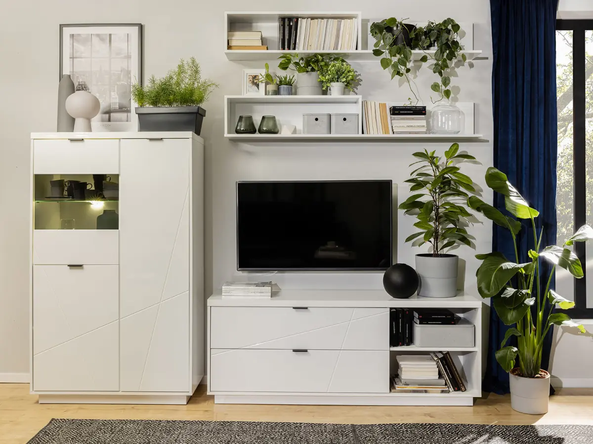 Mueble RTV Forn 156 cm con 2 cajones y estante blanco brillo