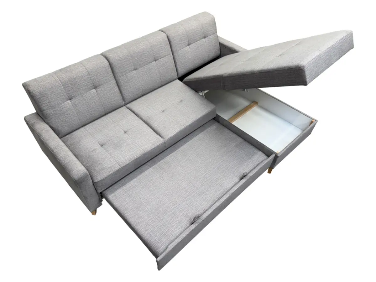 Sofá rinconera universal Lars convertible con arcón de terciopelo gris