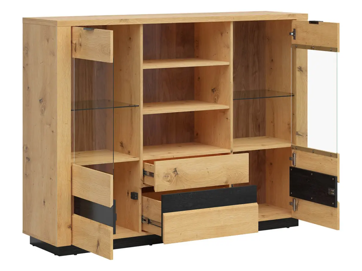 Vitrina Ostia 161 cm con 2 puertas 2 cajones y estantes roble artisan/roble negro