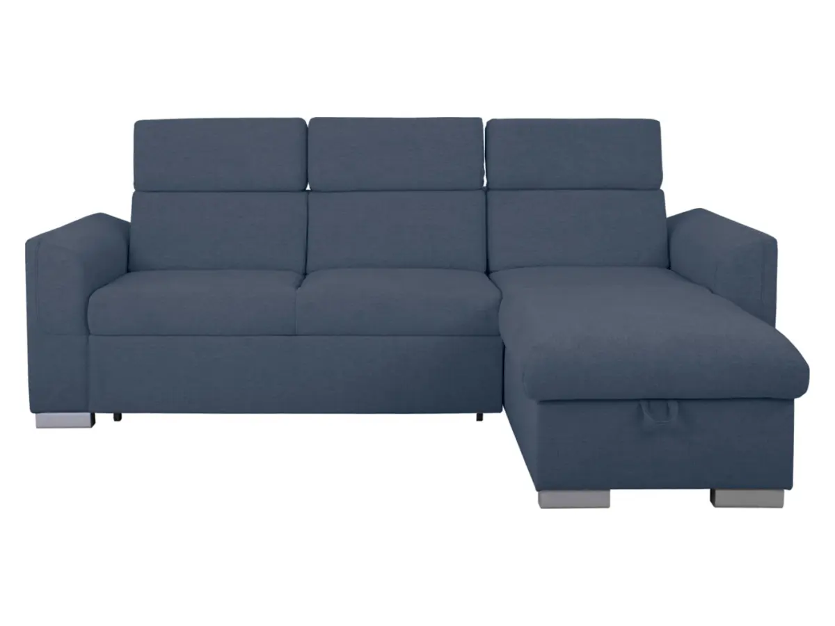 Sofá rinconera universal Evia con función de cama, arcón y reposacabezas ajustables azul