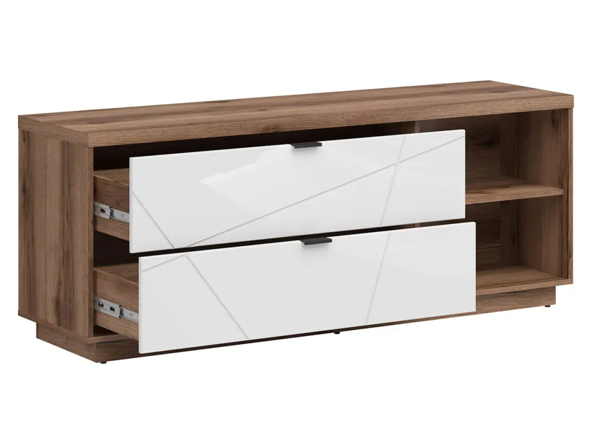 Mueble TV Forn 156 cm con 2 cajones y un estante roble delano oscuro/blanco brillo