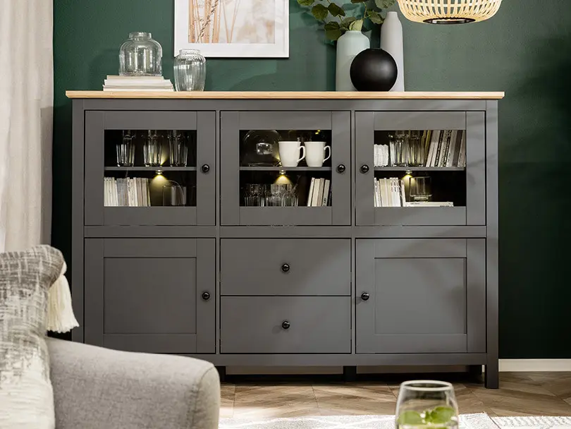 Aparador Hesen 186 cm vitrina con 5 puertas y 2 cajones grafito/roble artisan