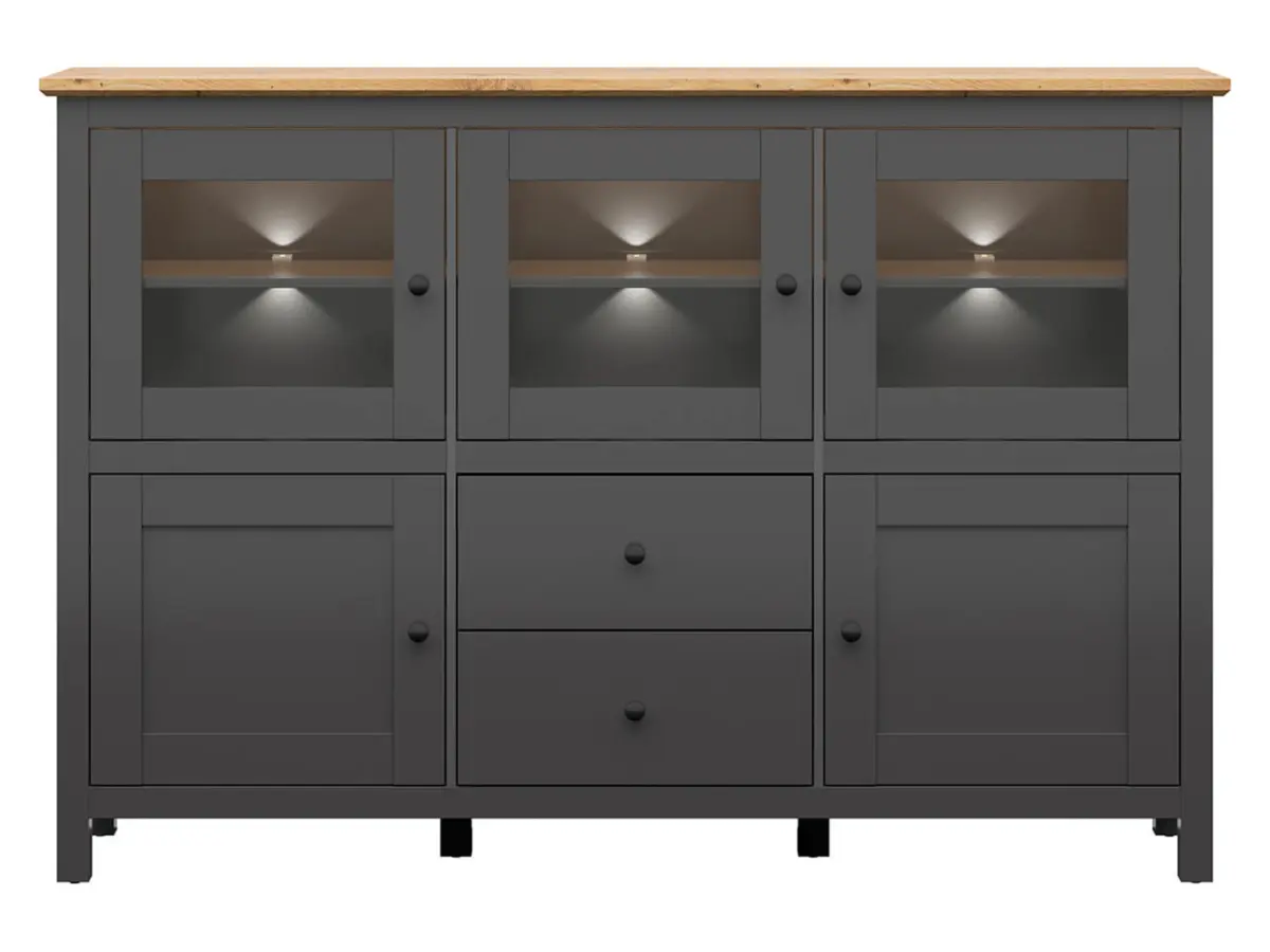 Aparador Hesen 186 cm vitrina con 5 puertas y 2 cajones grafito/roble artisan