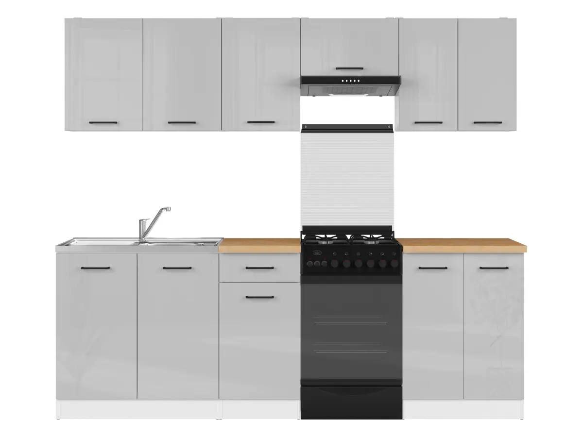 Кухонний гарнітур Junona Line 230 см світло-сірий глянець зі стільницею