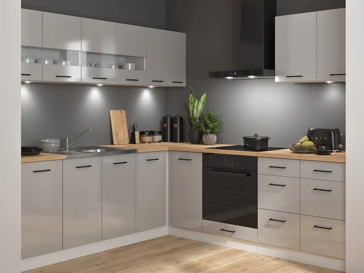 Conjunto de cocina rinconera Junona Line 220x240 gris claro brillo con encimera