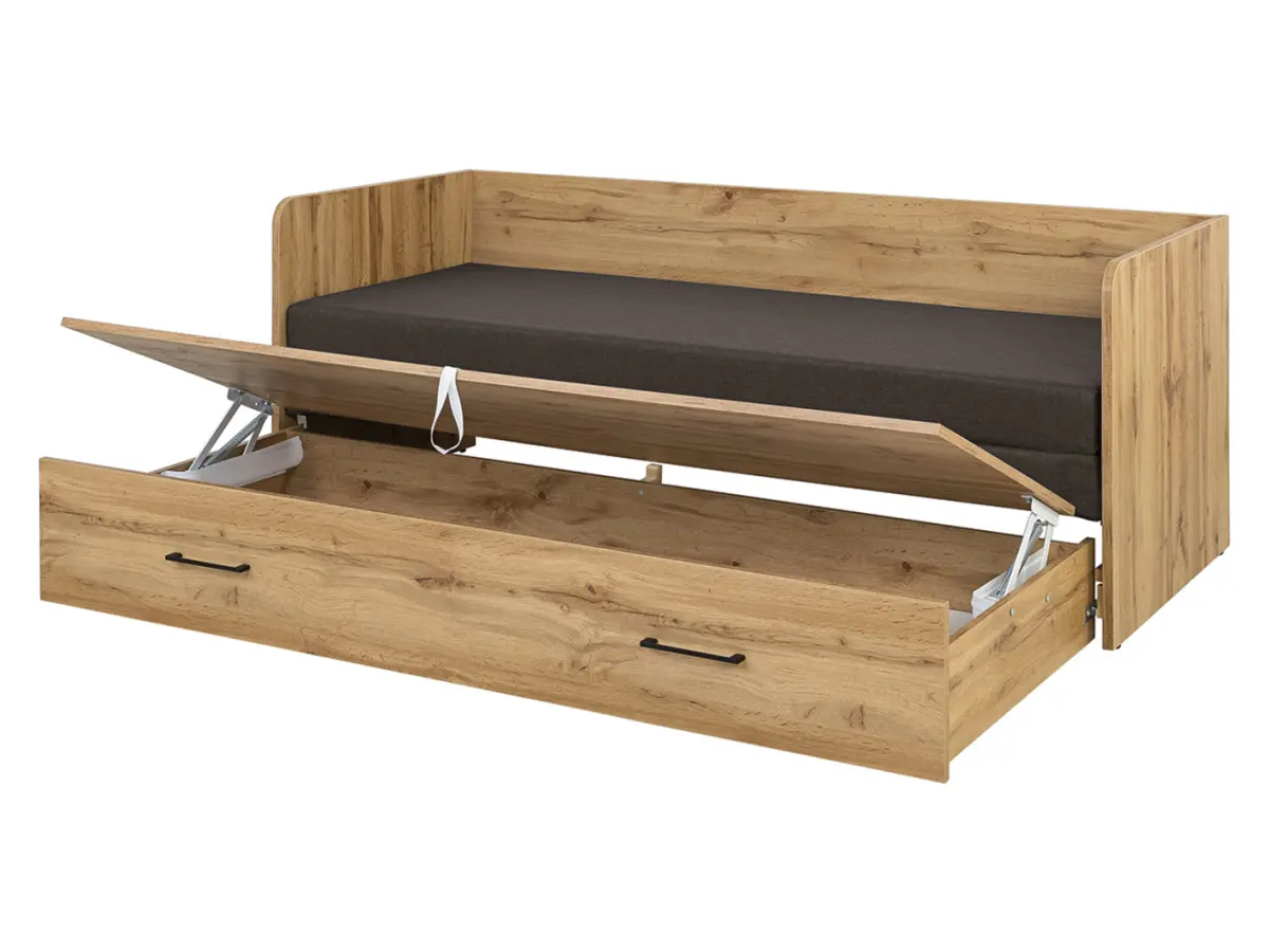 Кровать раскладная Tetrix дуб вотан 80-160x200 с ящиком матрасом и подушками коричневый
