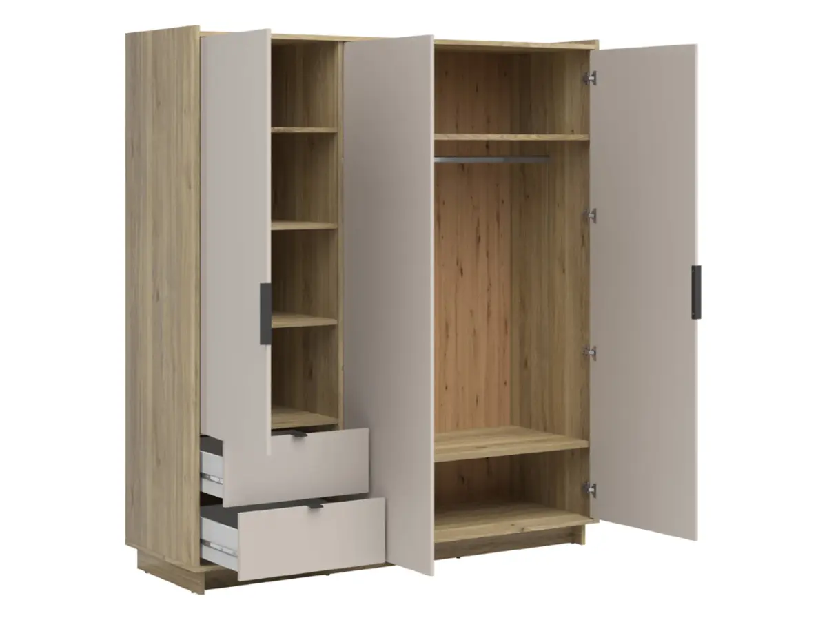 Armario de tres puertas Dalva 180 cm con 2 cajones roble mauvella/cachemira