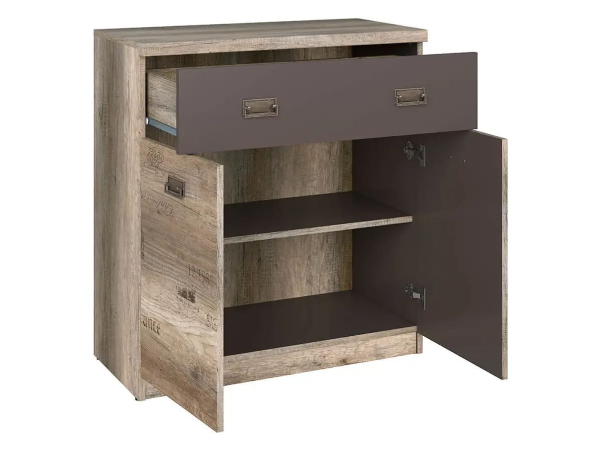 Cómoda Malcolm 80 cm con 2 puertas y un cajón roble canyon monument/gris tungsteno/roble canyon monument estampado