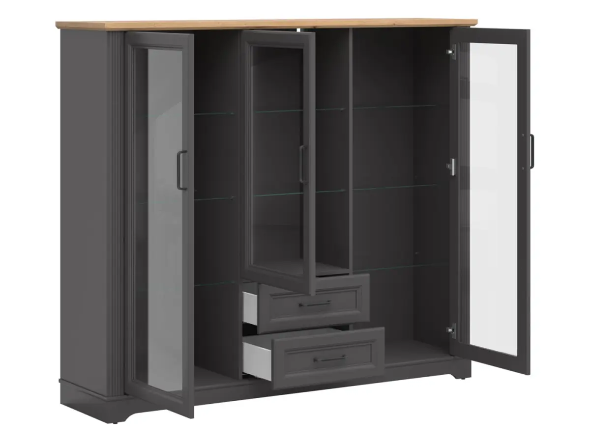 Vitrina Tolmin 168 cm con 3 puertas y 2 cajones grafito/roble artisan