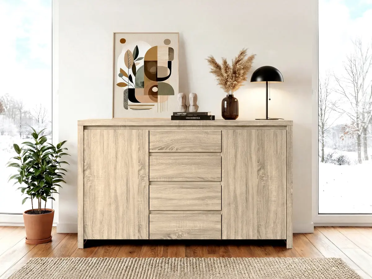 Cómoda Kaspian 144 cm con 2 puertas y 4 cajones roble sonoma