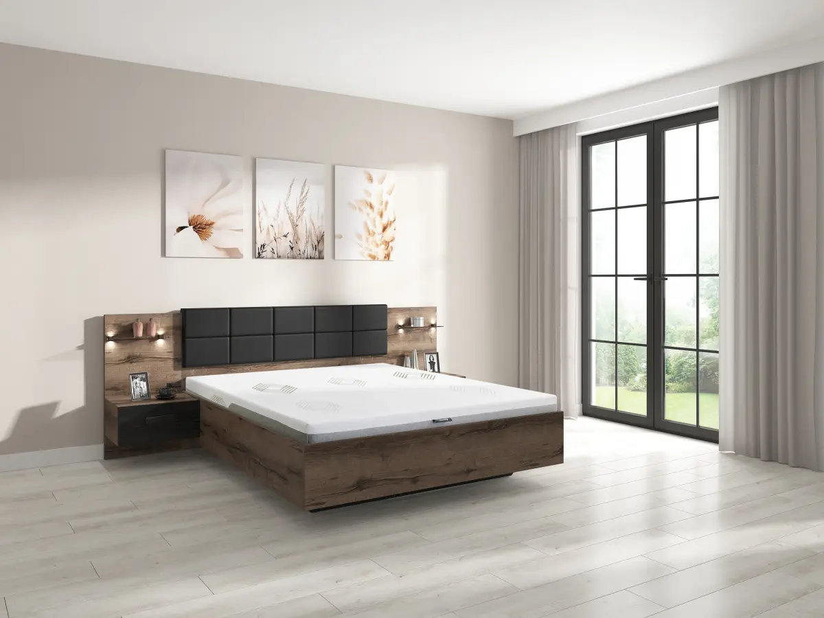 Cama Kassel 180x200 con somier, contenedor y 2 mesitas de noche roble monastery