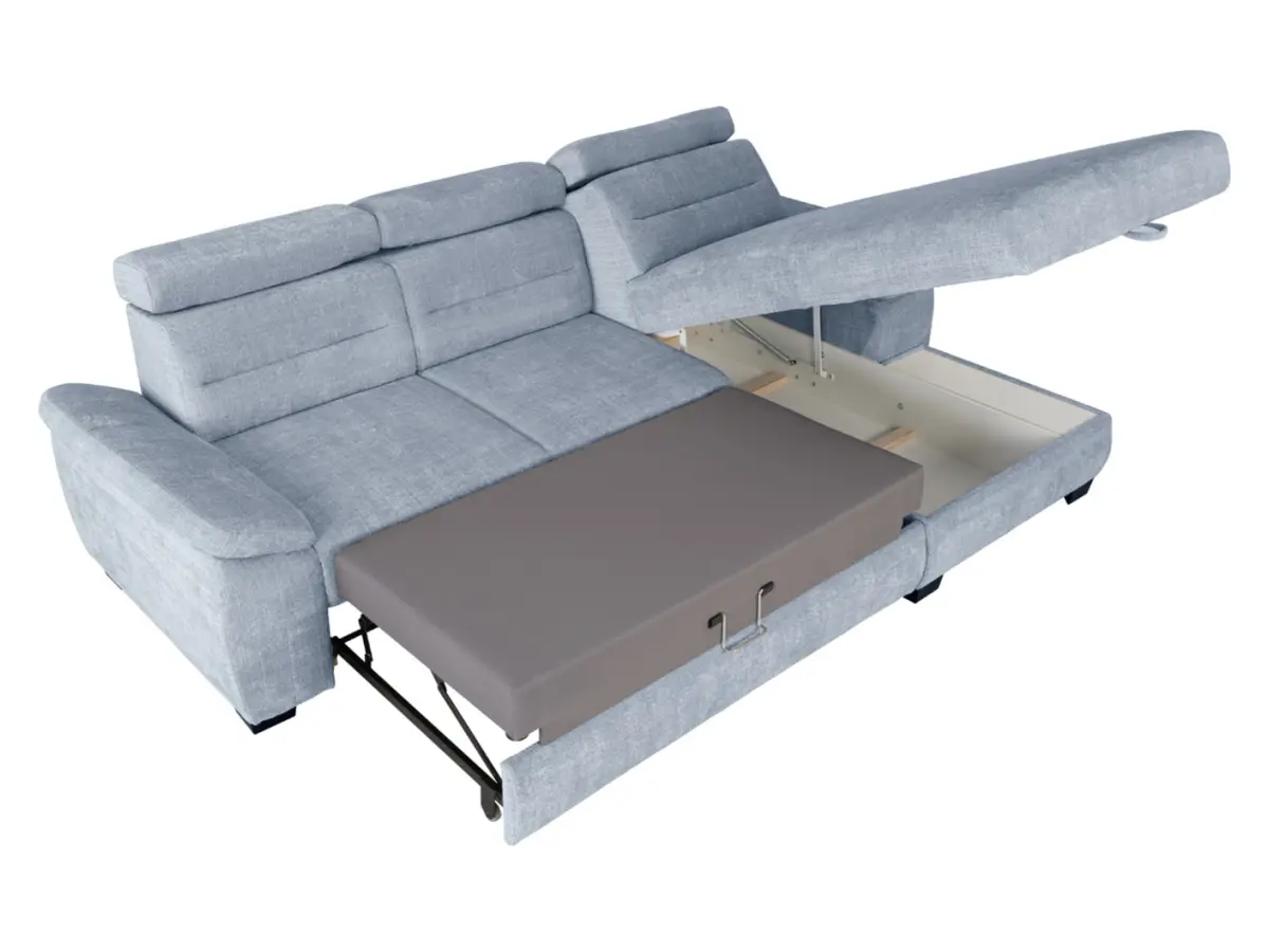 Sofá rinconera derecha Aguda convertible con arcón azul