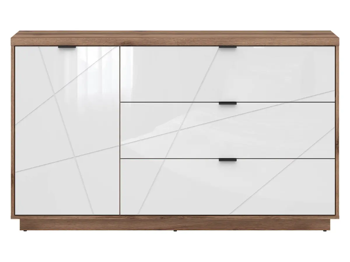 Cómoda Forn 156 cm con puertas y 3 cajones roble delano oscuro/blanco brillo