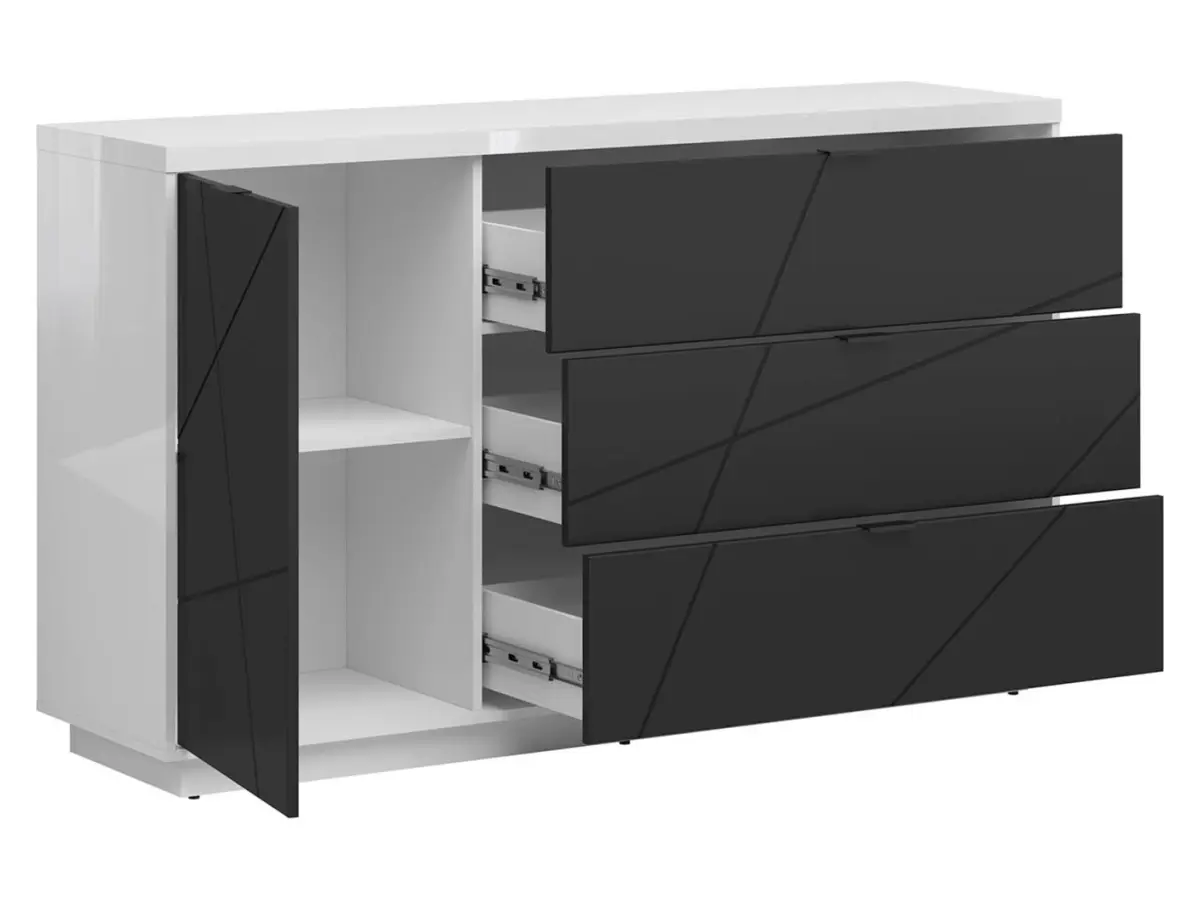 Cómoda Forn 156 cm con puertas y 3 cajones blanco brillo/negro mate