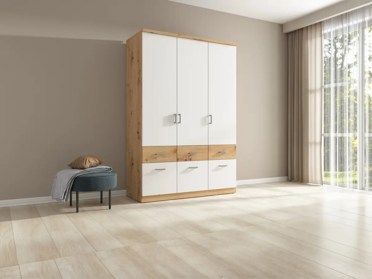 Armario de tres puertas Brando-3 136 cm con cajones roble artisan/blanco