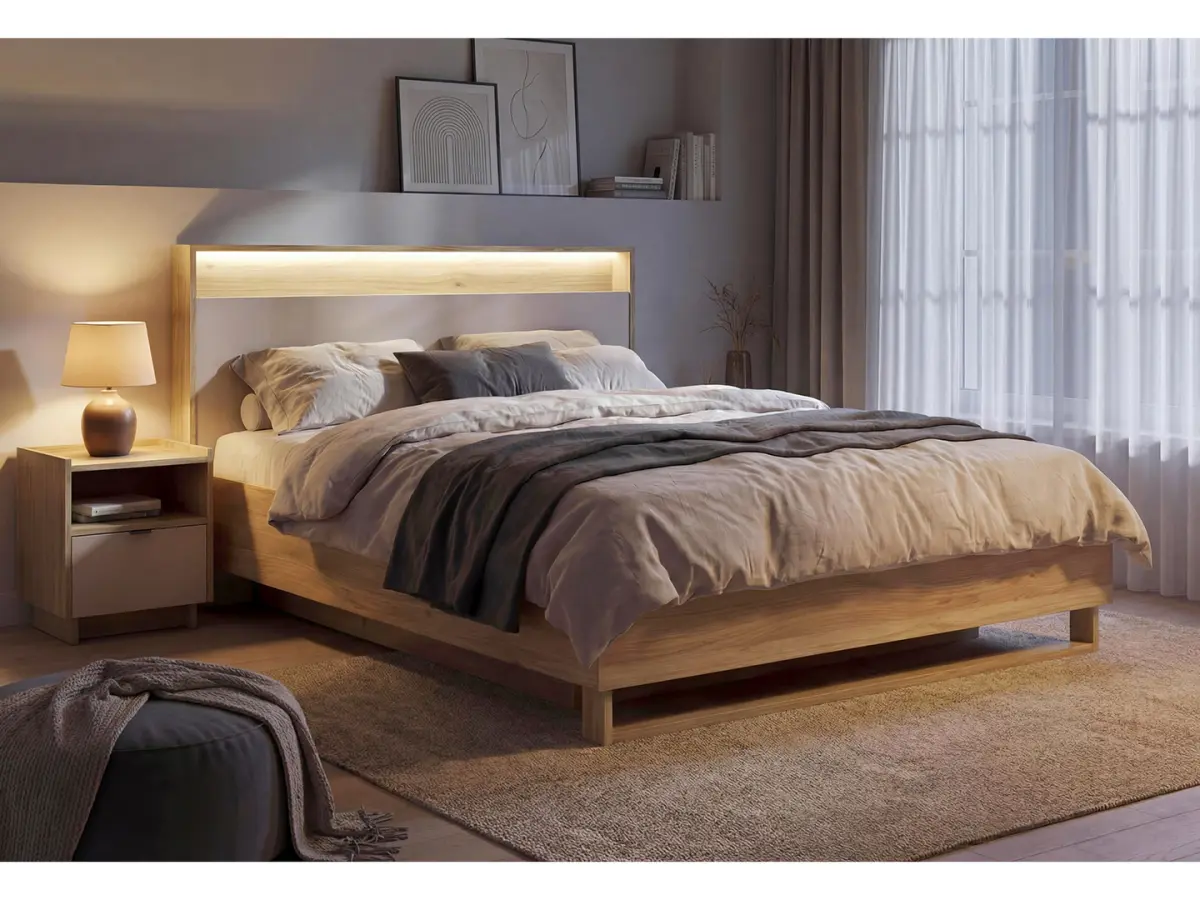 Cama Dalva 160x200 con somier y contenedor roble mauvella/cachemira