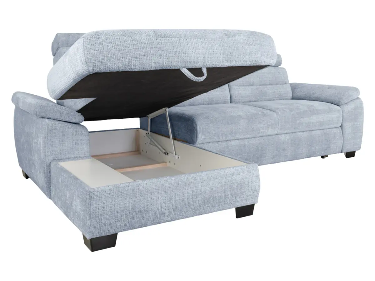 Sofá rinconera izquierdo Aguda convertible con arcón azul