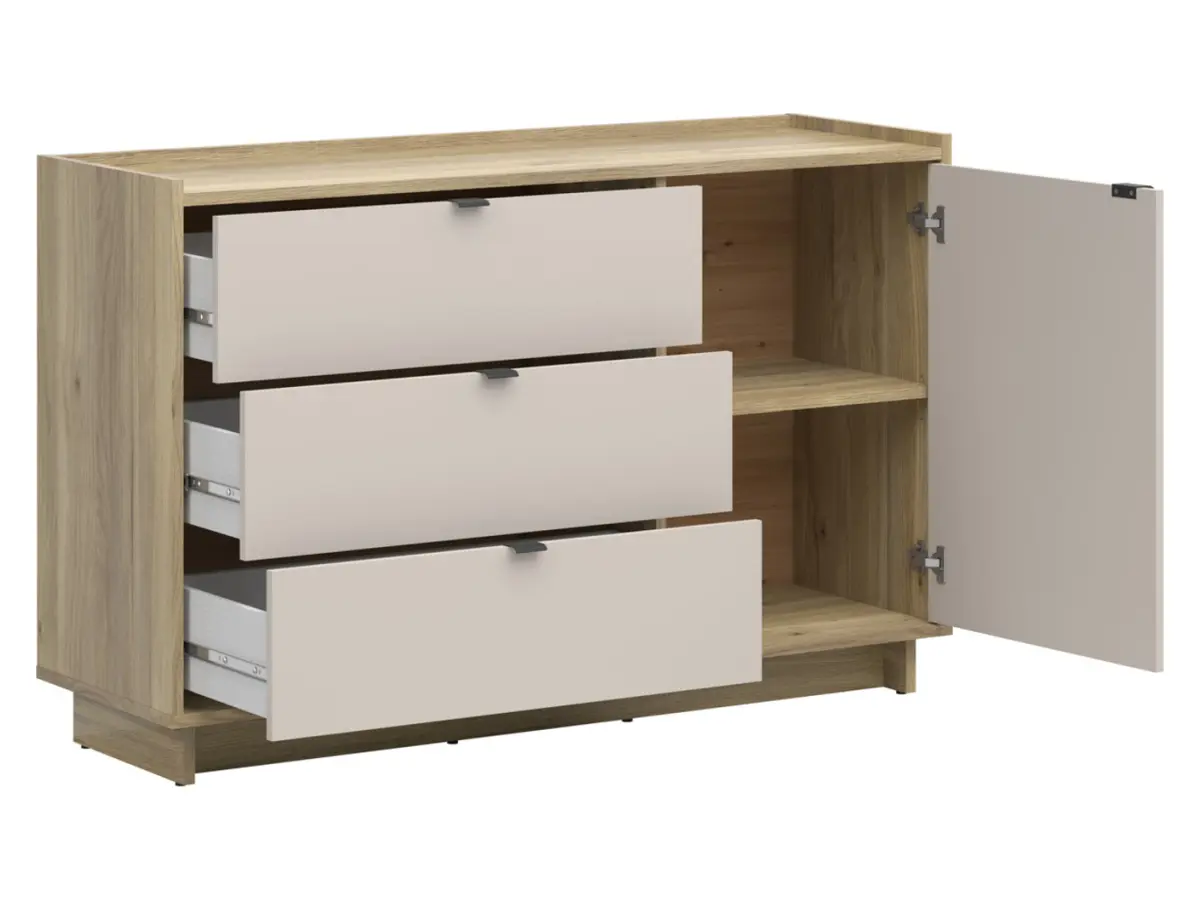 Cómoda Dalva 134 cm con puertas y 3 cajones roble mauvella/cachemira