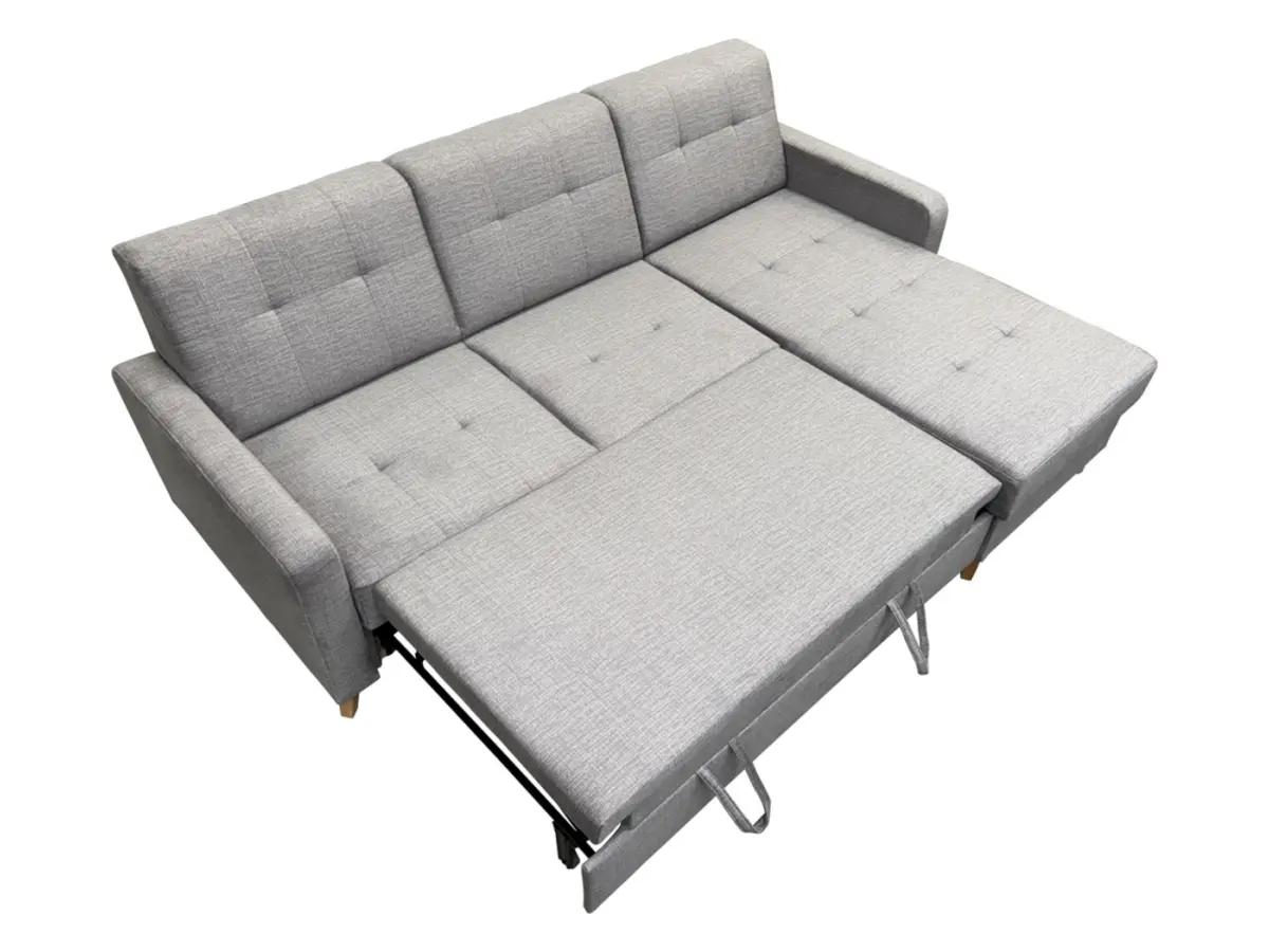Sofá rinconera universal Lars convertible con arcón de terciopelo gris