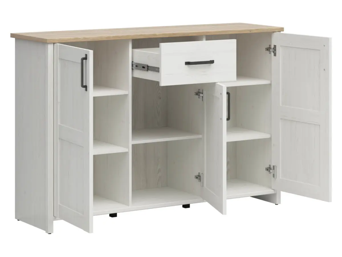 Cómoda Loksa 148 cm con 3 puertas y un cajón pino andersen blanco/roble grandson