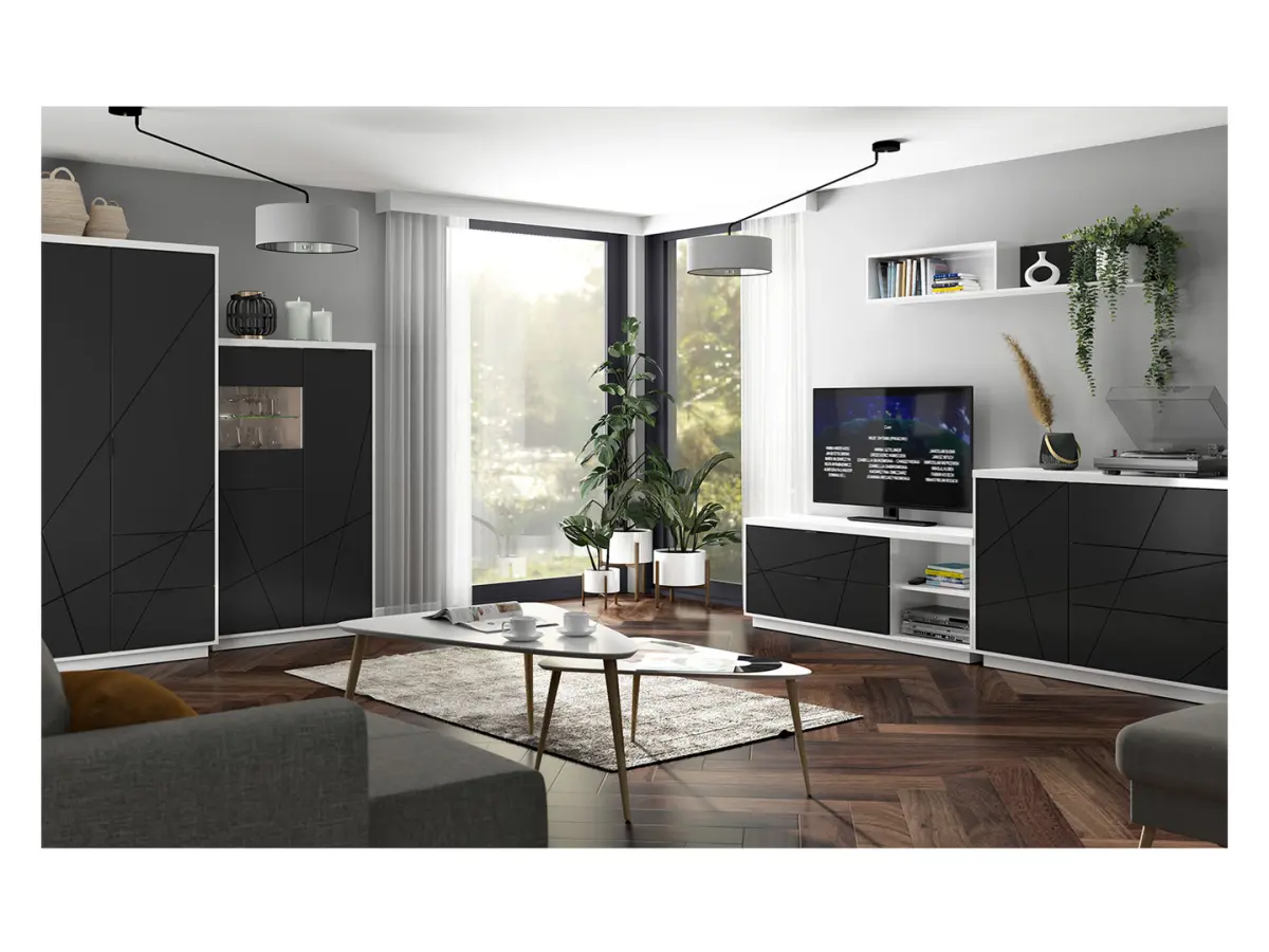 Cómoda Forn 156 cm con puertas y 3 cajones blanco brillo/negro mate