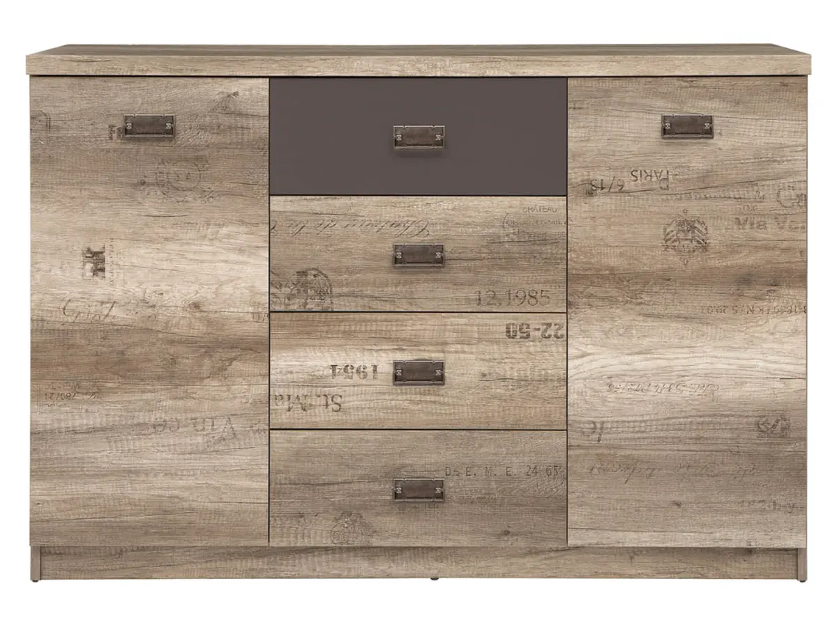 Cómoda Malcolm 130 cm con 2 puertas y 4 cajones roble canyon monument/gris wolfram/roble canyon monument estampado