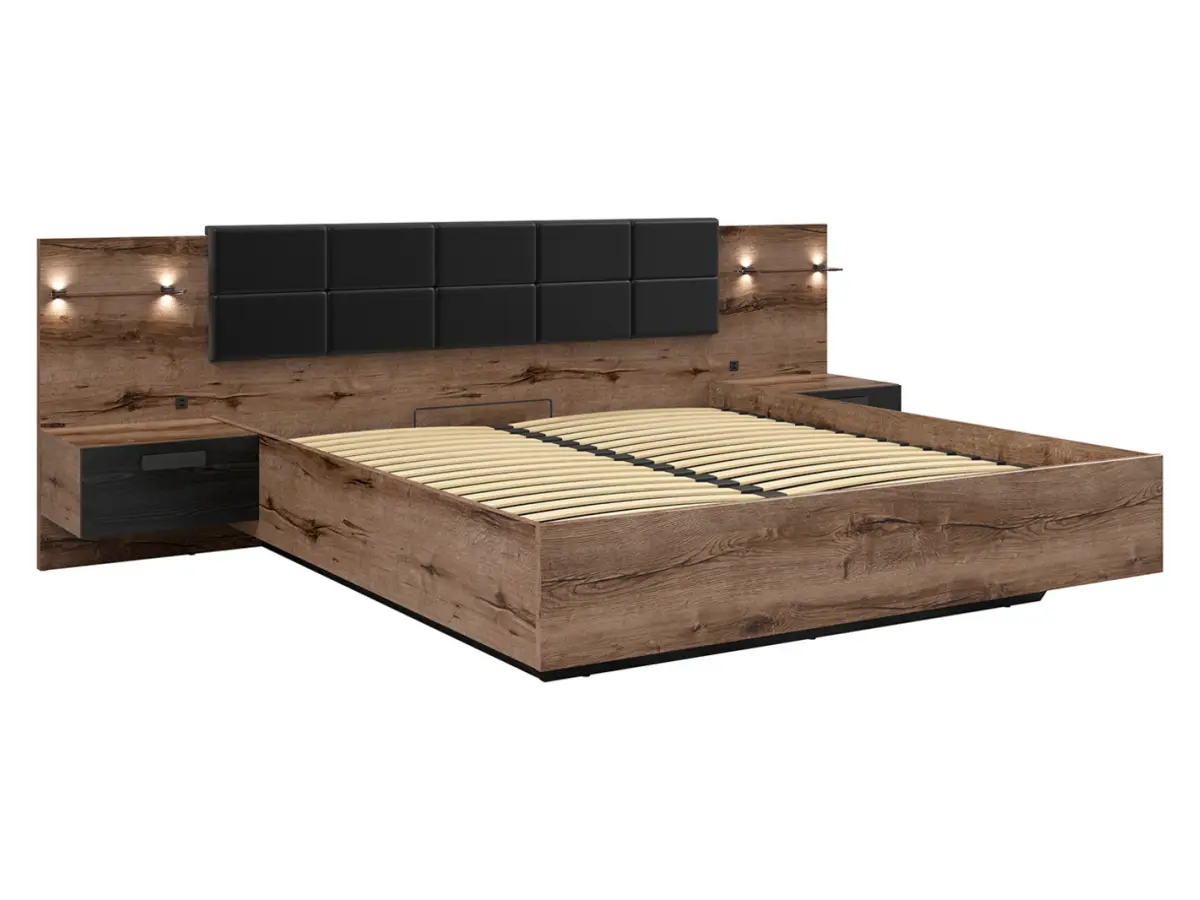 Conjunto Kassel cama 160 y mesitas de noche roble monastery/roble negro