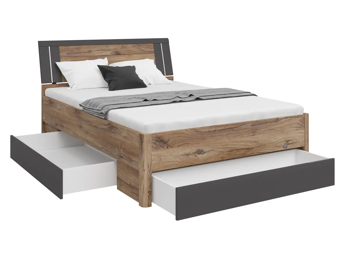 Cama Saturn 140x200 con 3 cajones roble flagstaff oscuro/grafito