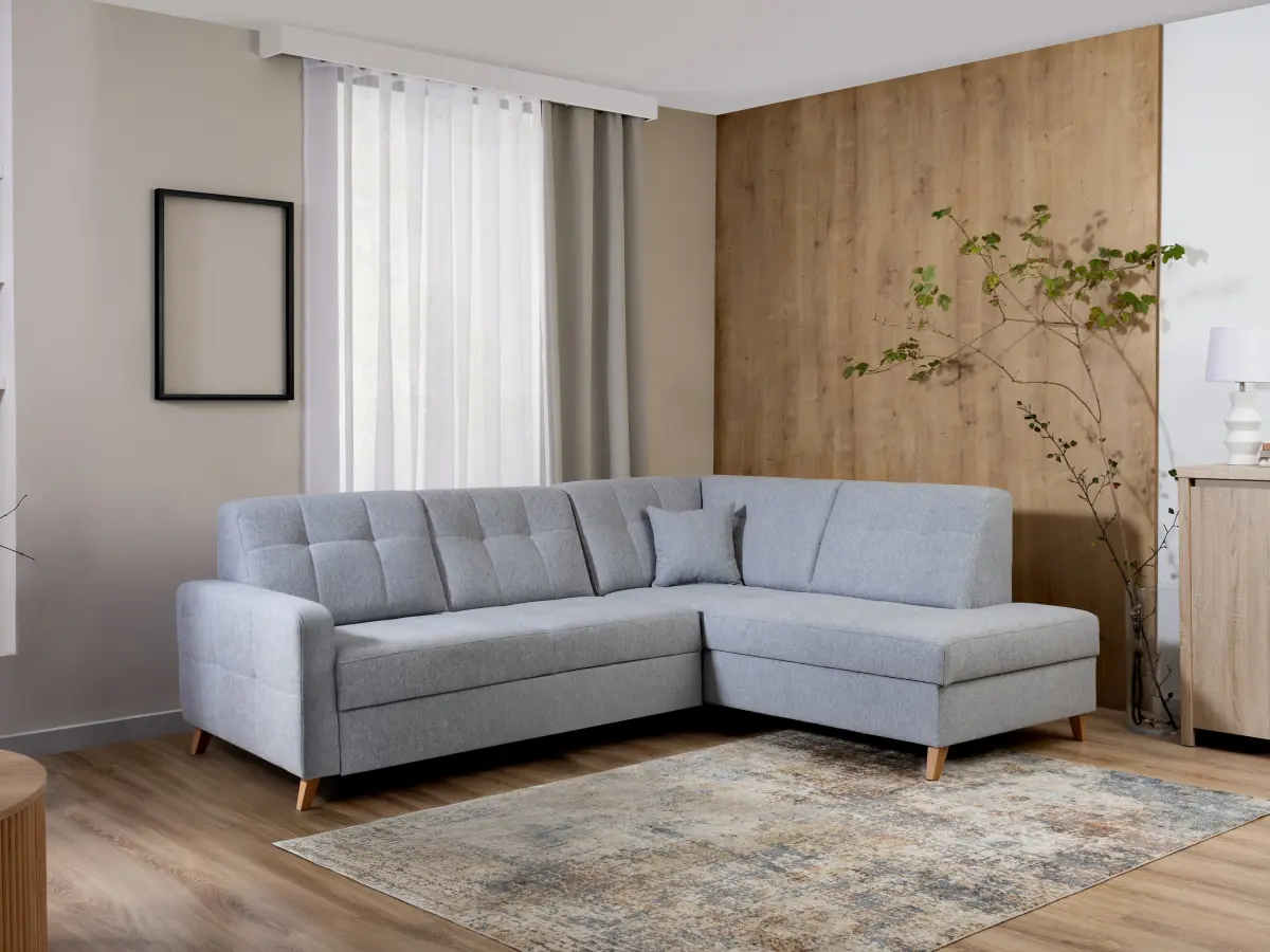 Sofá rinconera derecho Lars con función cama y arcón gris