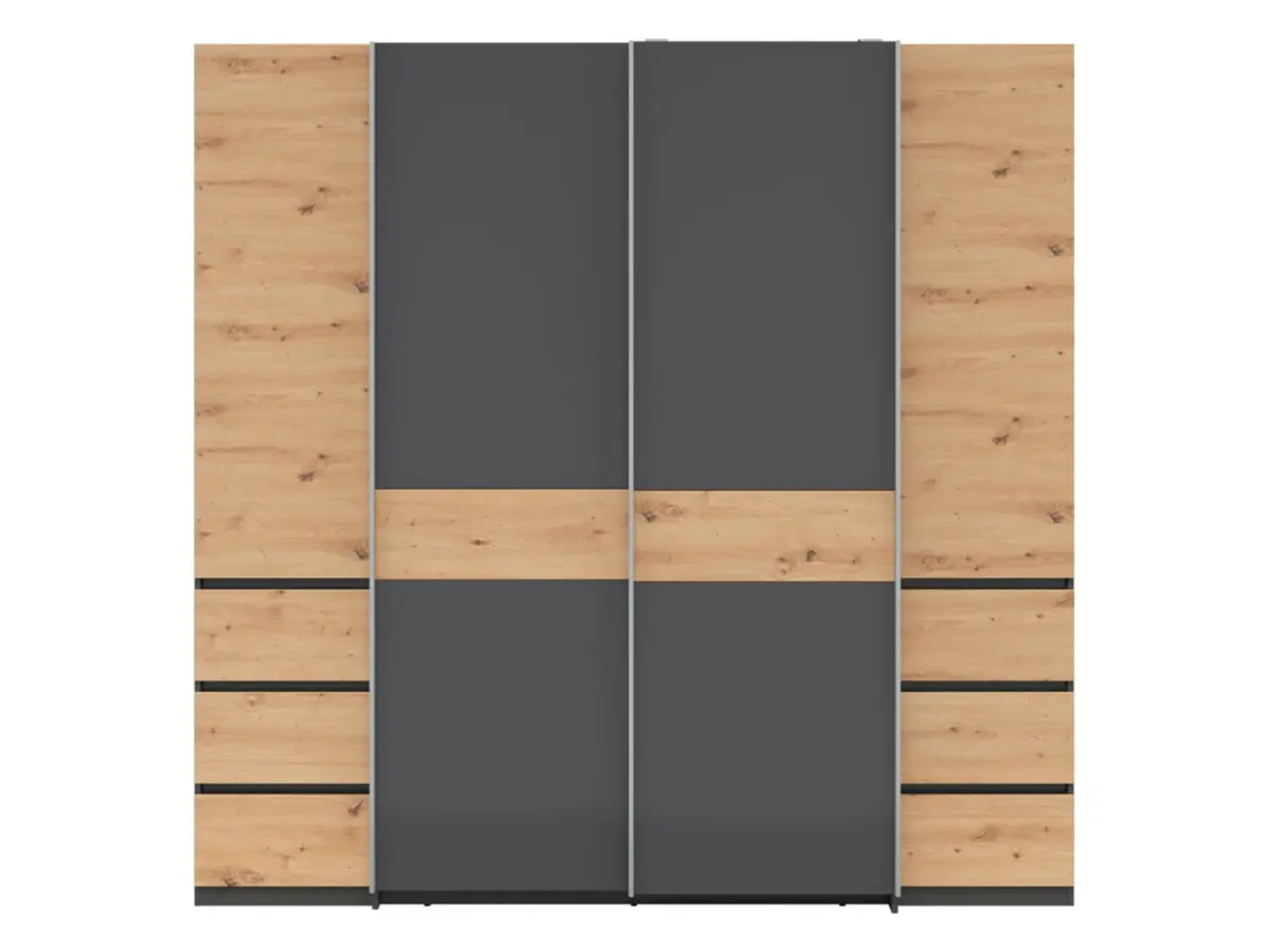 Armario de puertas correderas Fabio 215 cm con cajones grafito/roble artisan