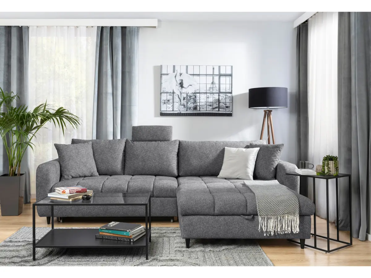 Sofá rinconera universal Twist New desplegable con arcón gris