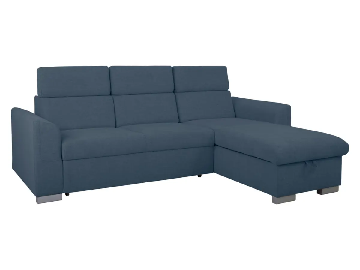 Sofá rinconera universal Evia con función de cama, arcón y reposacabezas ajustables azul