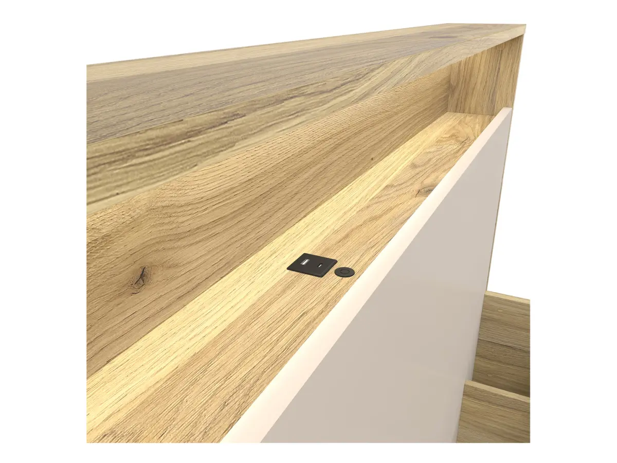 Cama Dalva 160x200 con somier y contenedor roble mauvella/cachemira