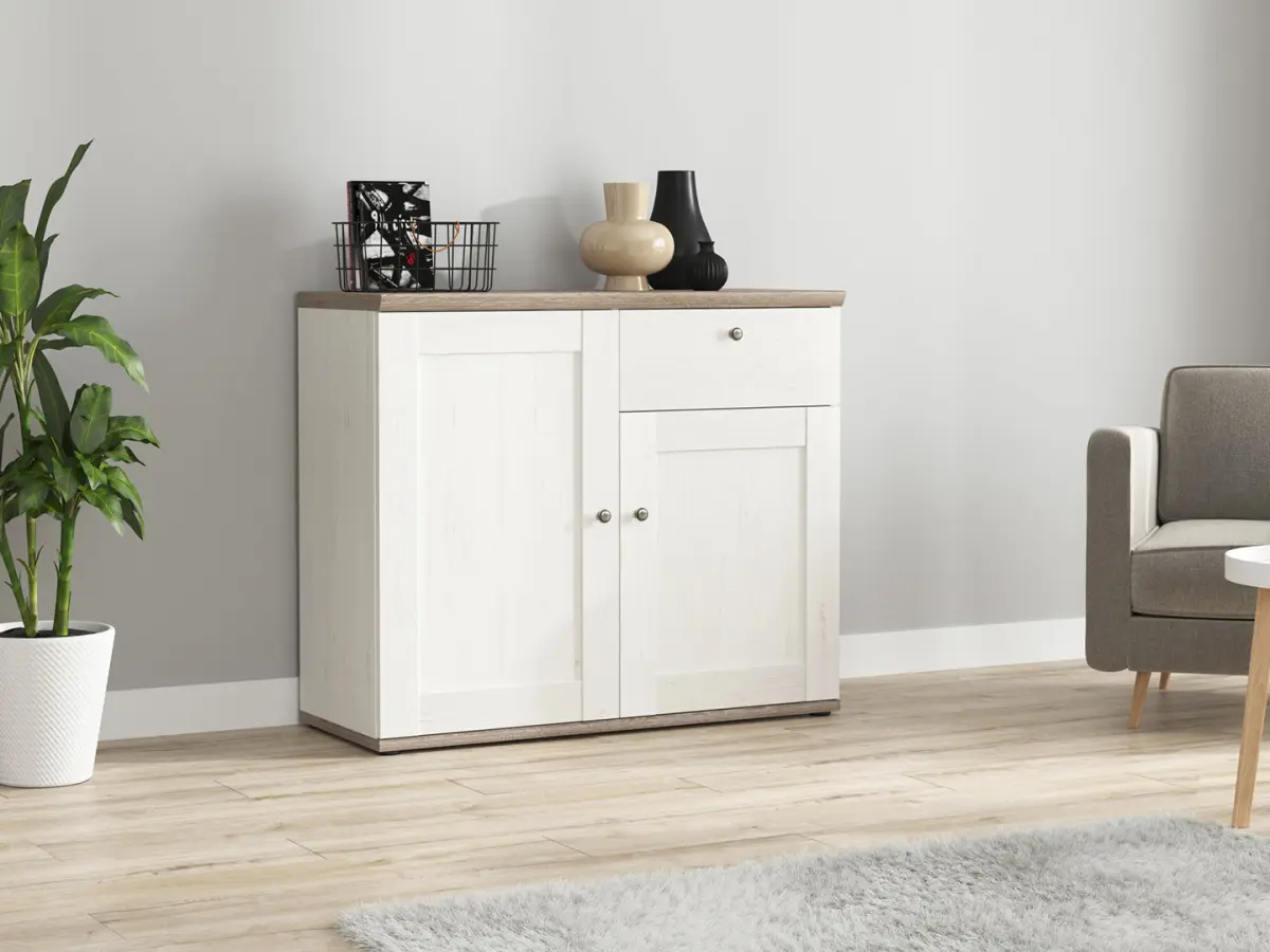 Cómoda Stockholm 103 cm con 2 puertas y un cajón pino andersen blanco/roble sonoma oscuro