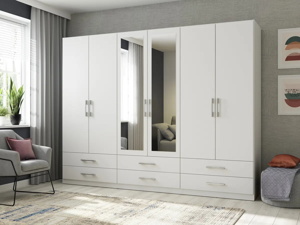 Armario de seis puertas Herford 270 cm con espejo y 6 cajones blanco