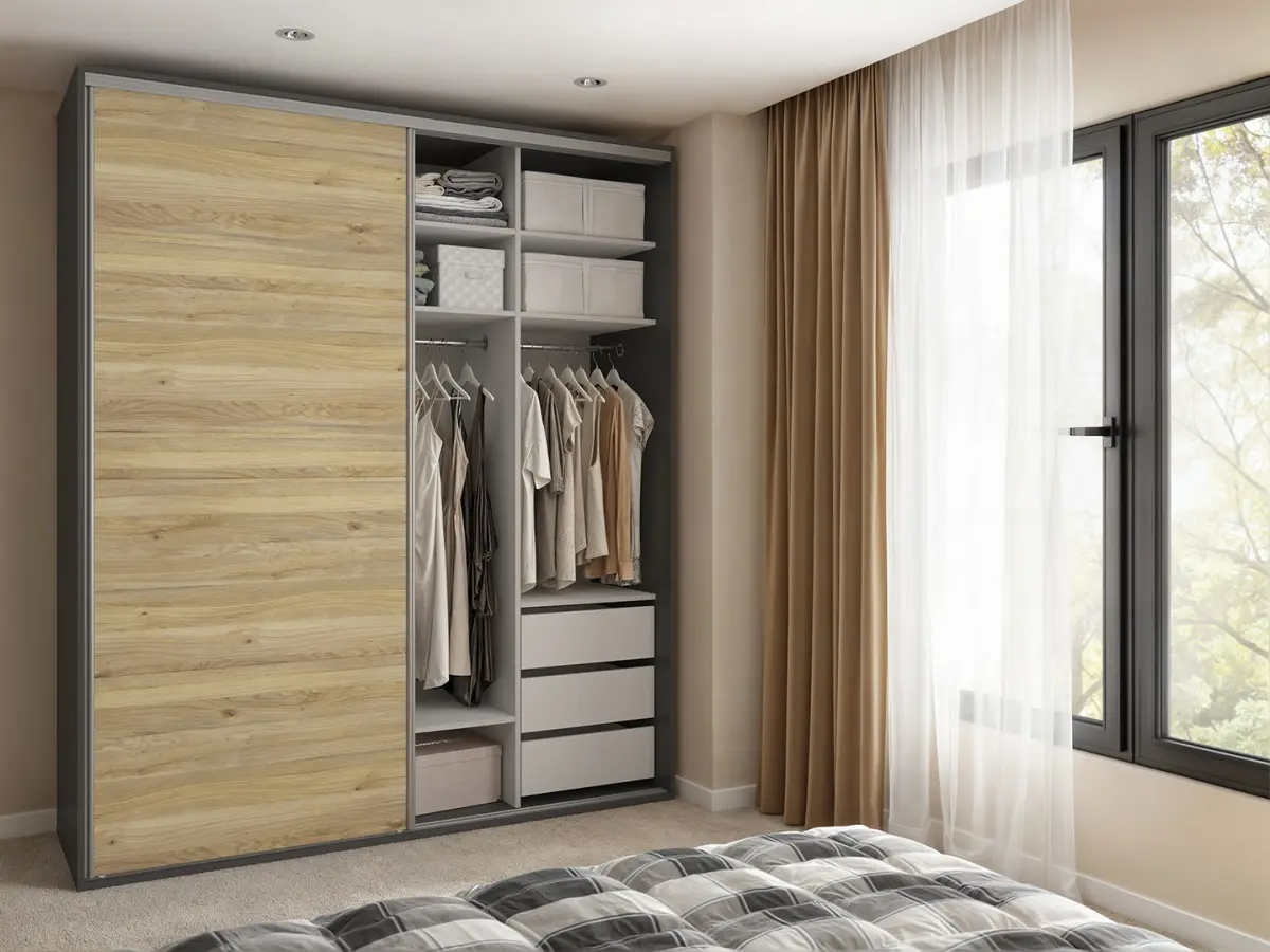 Armario de puertas correderas Flex 200 cm con espejo grafito/roble mauvella