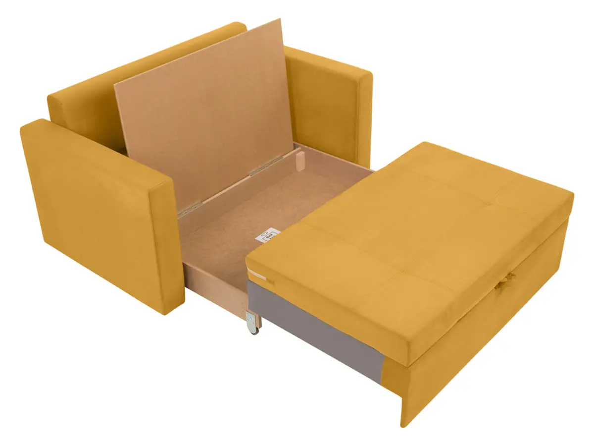 Sofá cama de dos plazas Bunio III con arcón amarillo