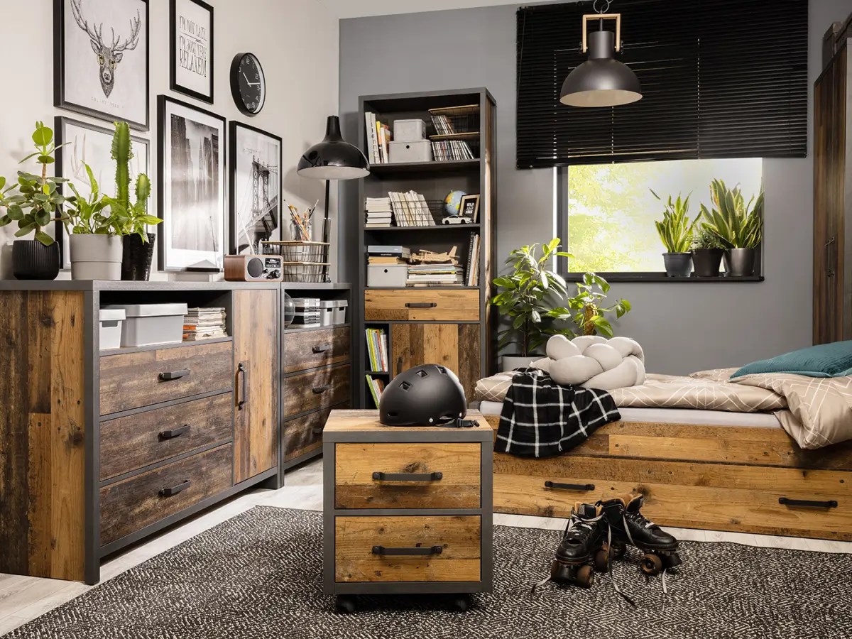 Estantería Weston 75 cm con puertas, cajón y 5 estantes pino old style