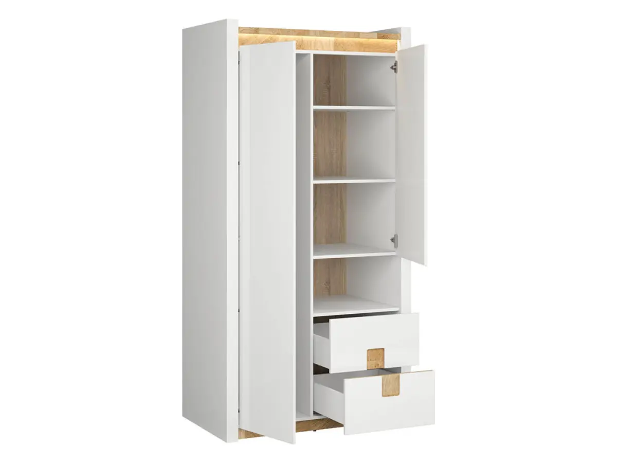 Armario de dos puertas Alameda 102 cm con cajones blanco brillo/roble westminster