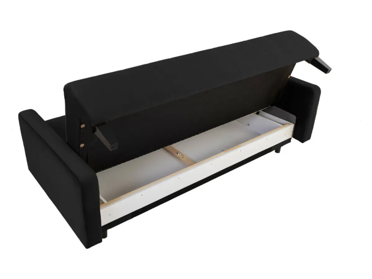 Sofá cama de tres plazas Marcia con arcón de terciopelo grafito