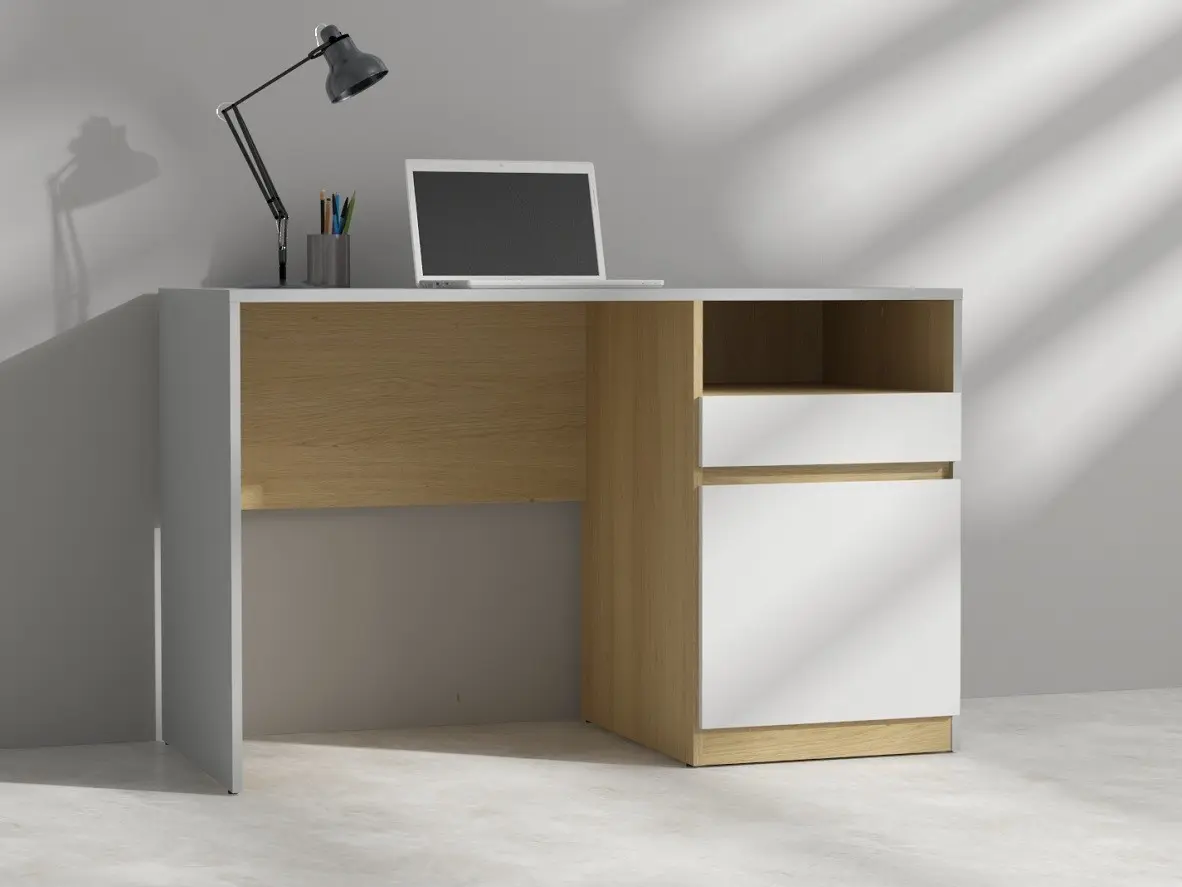 Escritorio Nandu 120 cm con puerta, cajón y estante gris claro/roble polaco
