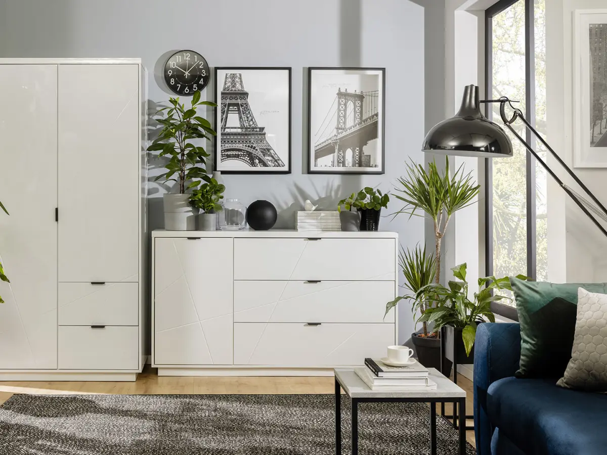 Armario de dos puertas Forn 94 cm con cajones blanco alto brillo