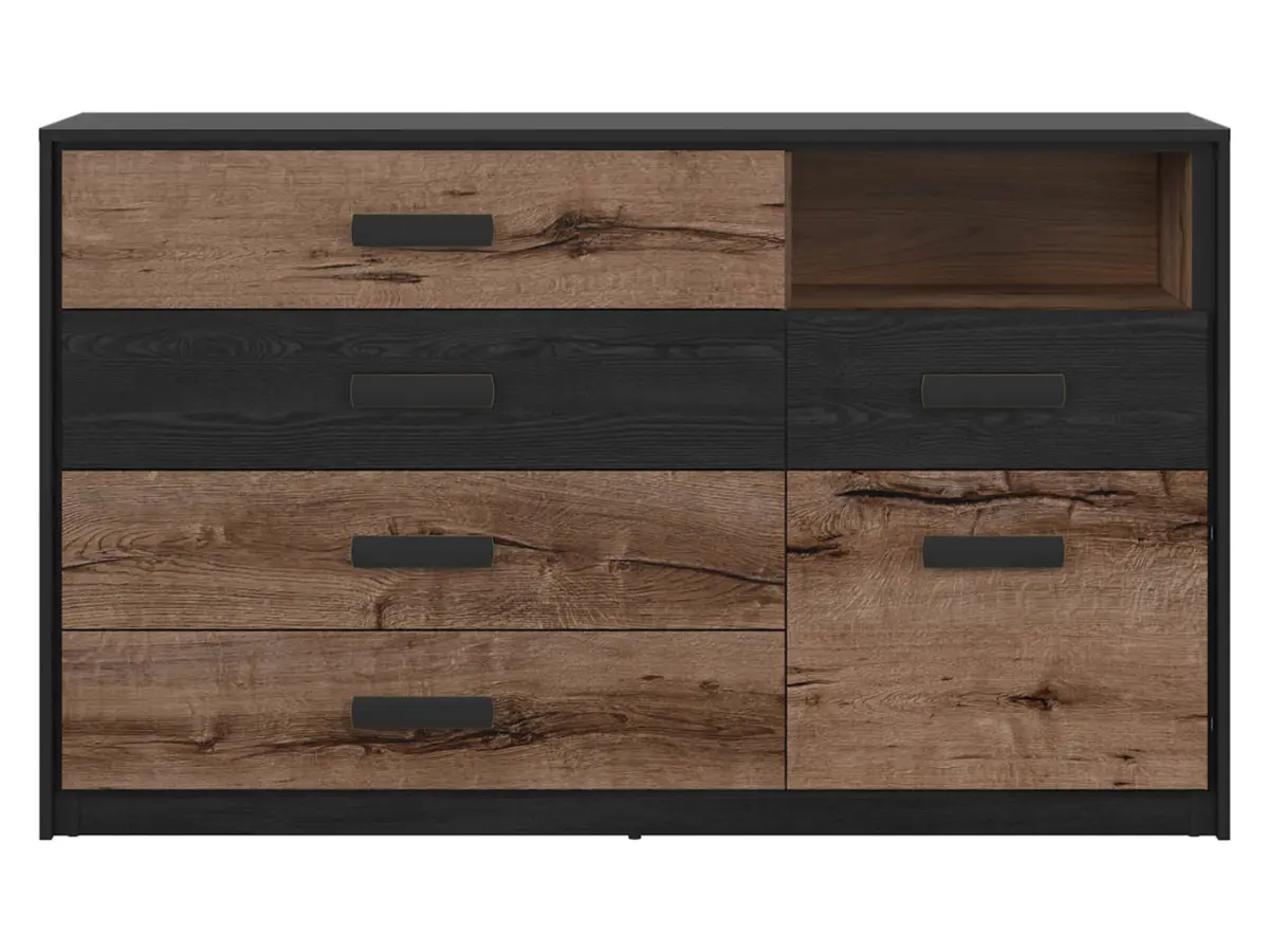 Cómoda Kassel 150 cm con puertas y 5 cajones roble monastery/roble negro
