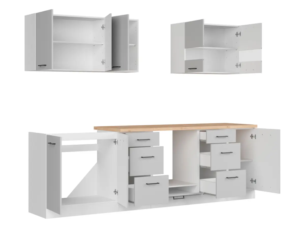 Кухонний гарнітур Junona Line 260 см світло-сірий глянець зі стільницею