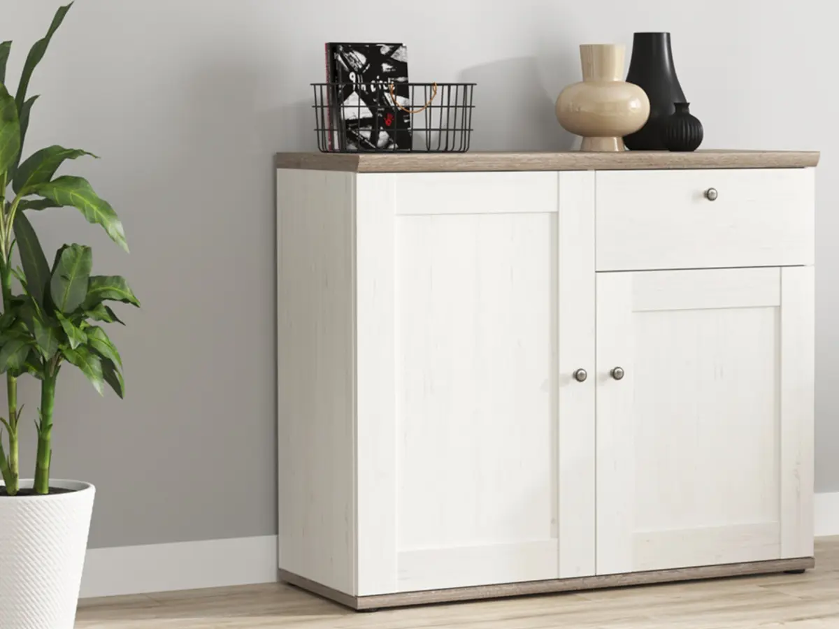 Cómoda Stockholm 103 cm con 2 puertas y un cajón pino andersen blanco/roble sonoma oscuro