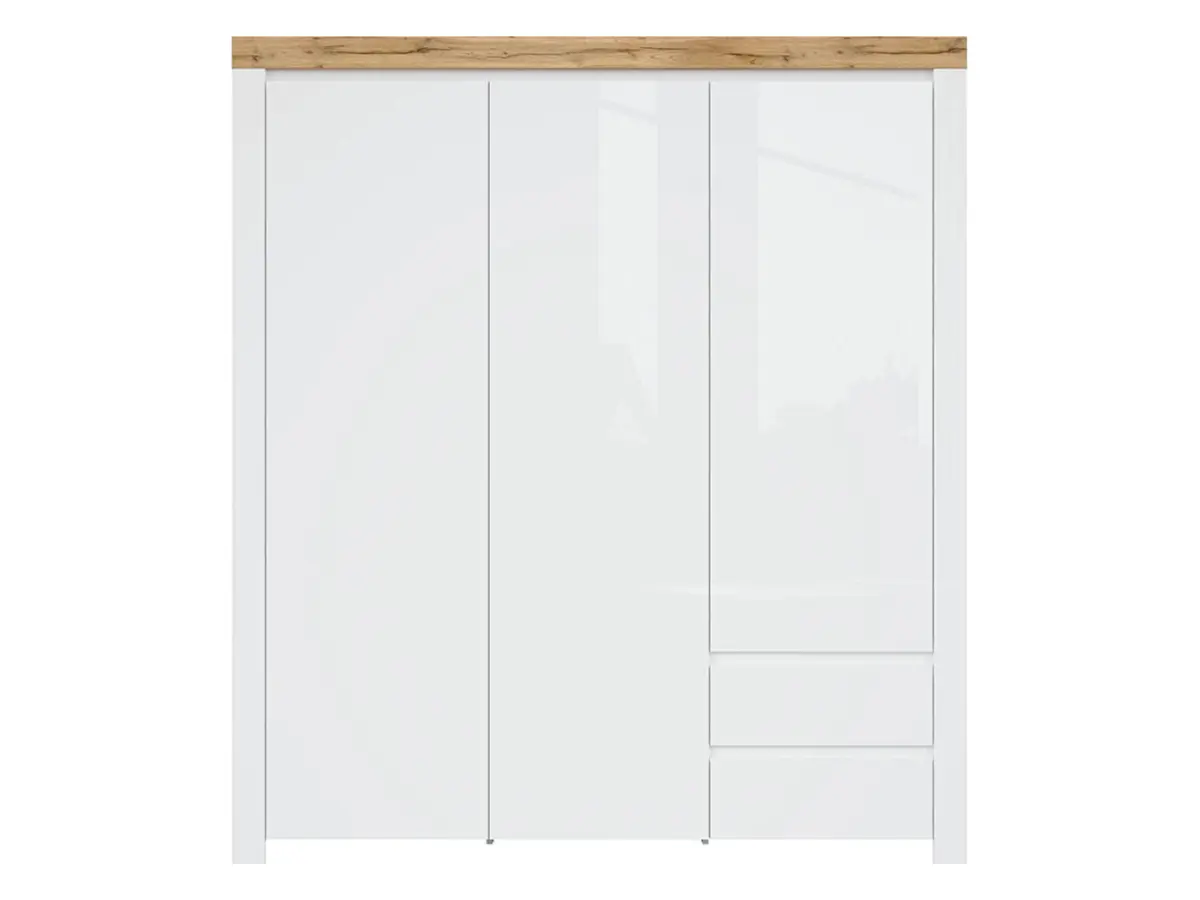 Armario de tres puertas Holten 180 cm con cajones blanco brillo/roble wotan